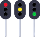 鉄道用の信号のイラストです。左から、停止・注意・進行を表します。