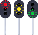 鉄道用の信号のイラストです。左から、停止・注意・進行を表します。