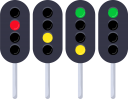 鉄道用の信号のイラストです。左から、停止・注意・減速・進行を表します。
