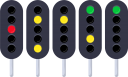 鉄道用の信号のイラストです。左から、停止・警戒・注意・減速・進行を表します。