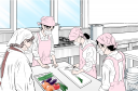 女子高生たちが料理教室で料理を教わっているイラストです。