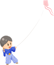 袴で凧揚げをして楽しんでいる男の子のイラストです。