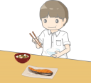 朝食を食べる男子児童のイラストです。